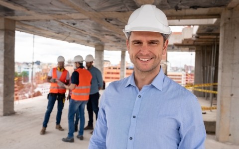 Image of a person working at a work site with a group of people behind him